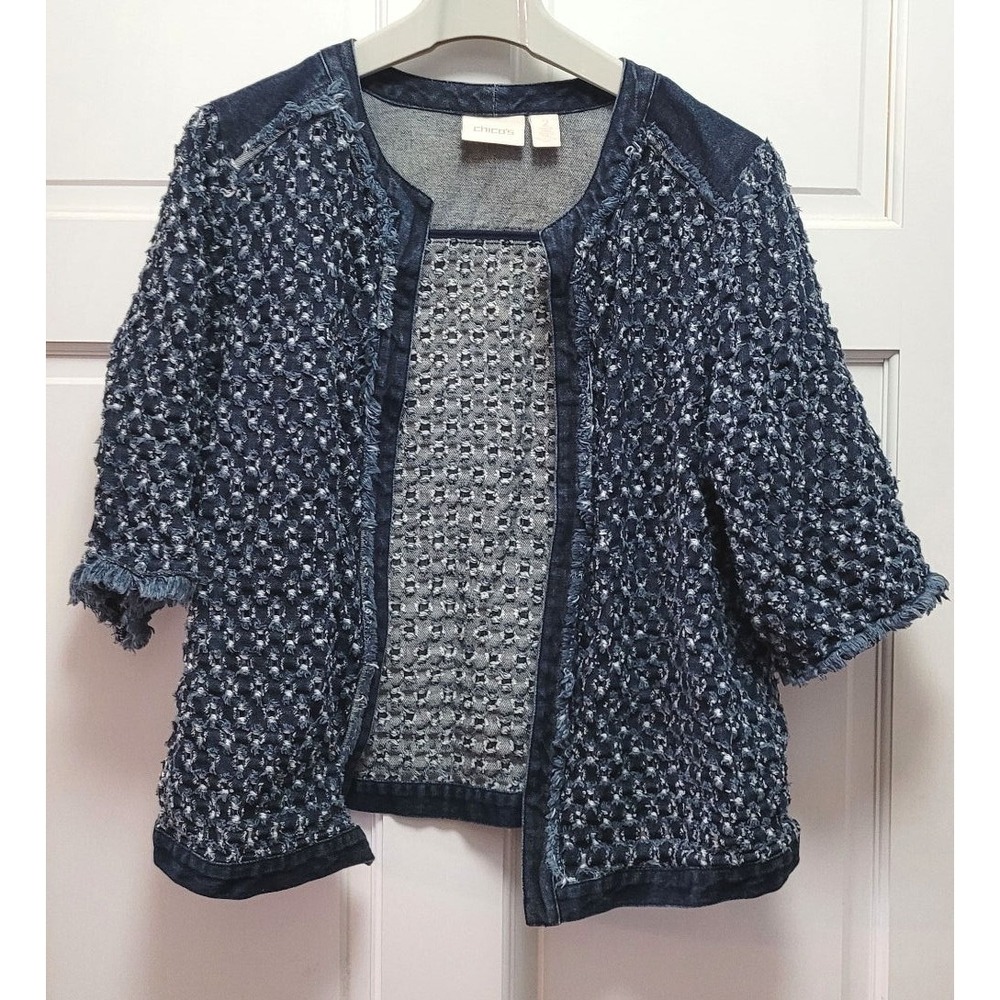 Chico's Women's Denim Open Front Burn Out Cardigan Jacket -‎ Sz 2 (M, US 12)